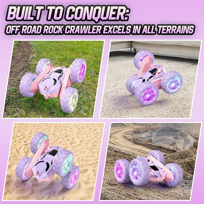 Remote Control Car, Double Sided 360°Rotating 4WD RC Cars with Headlights 2.4GHz Electric Race Stunt Toy Car Rechargeable Toy Cars for Boys Girls Birthday (Pink and Purple)