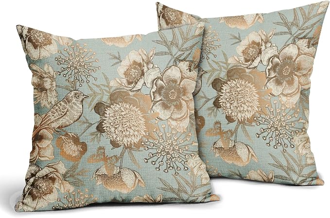 Vintage Floral Pillow Covers 22X22 Inch Set of 2 Rose Gold Flowers Bird Butterfly Decorative Pillow Cases Blue Brown Cotton Linen Cushion Case Farmhouse Home Decor for Sofa Couch Living Room