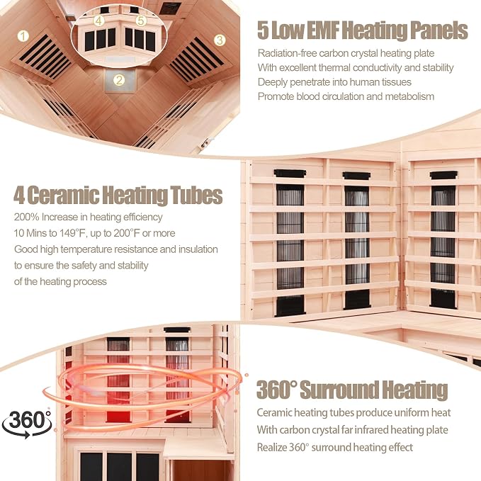 Ceramic Infrared Sauna 2-3 Person Infrared Saunas for Home Low EMF Indoor Home Sauna Spa Hemlock Wooden Corner Sauna Room with Bluetooth Speakers, LED Reading Lamps, Chromotherapy Lights
