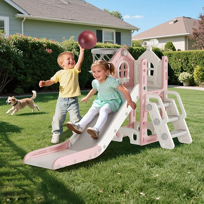 BIERUM 6 in 1 Toddler Slide - L-Shaped Baby Slide for Toddlers Aged 1-3 with Basketball Hoop, Telescope Toy and Anti-Slip Pads, Indoor Outdoor Toddler Playset, Pink Gray