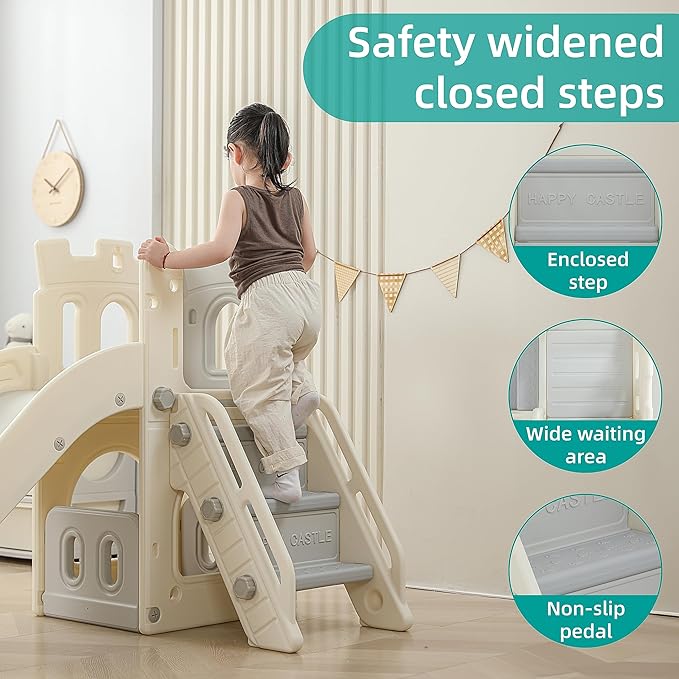 5 in 1 Toddler Slide, Extra-Long Kids Slide for Toddlers Age 1+ with Basketball Hoop and Ball, Storage Space, Indoor Outdoor Slide Playset Toddler Playground Climber Playset, Grey