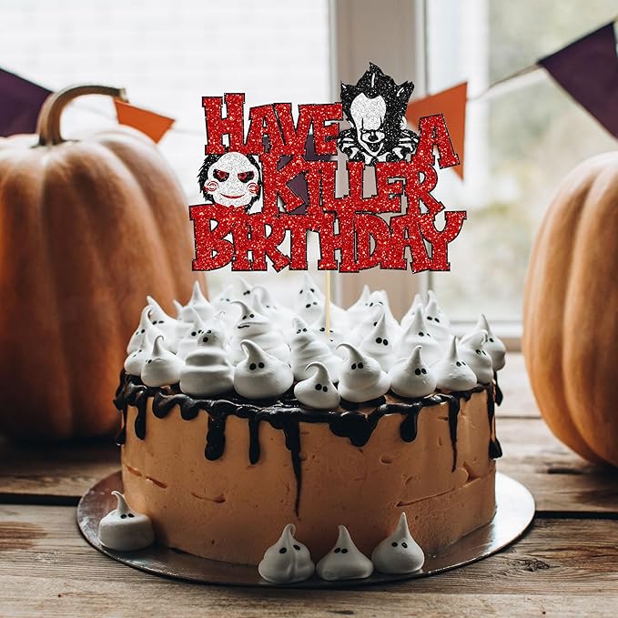 Gyufise 1Pcs Have a Killer Birthday Cake Topper Glitter Horror Classic Birthday Halloween Cake Pick for Bloody Horror Halloween Theme Party Cake Decorations Supplies