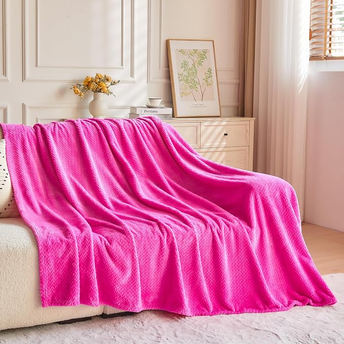 NEWCOSPLAY Fleece Leaves Pattern King Blanket, Hot Pink, 90"x110" | Super Soft Throw Blanket, Lightweight Cozy Bed Sofa Blanket, Premium Silky Flannel Fleece, Travel Blanket for All Season Use