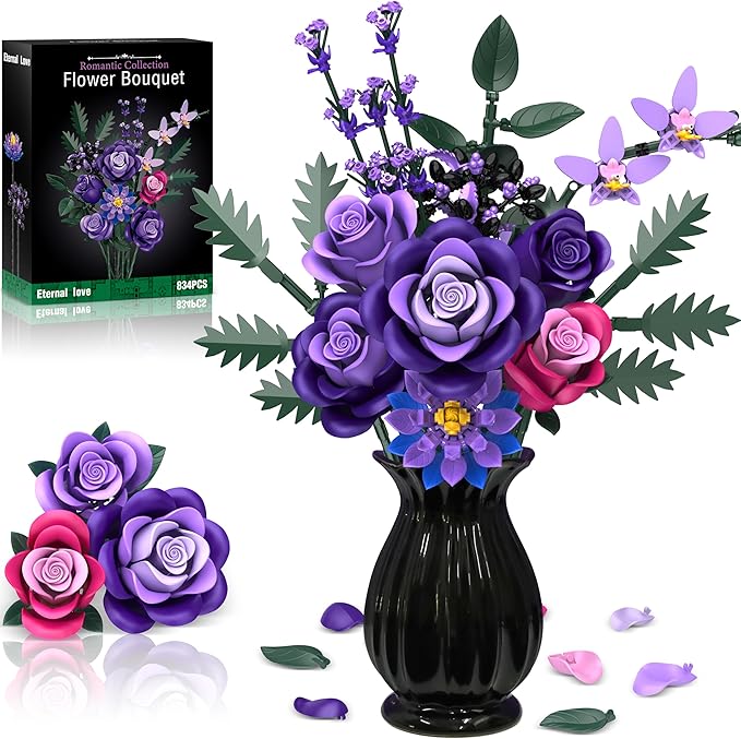 Purple Roses Flower Bouquet Building Sets, 834PCS Artificial Flowers Building Blocks, Gothic Decor Halloween Decor Botanical Collection for Adults Women, Gifts for Halloween Christmas Valentines Day