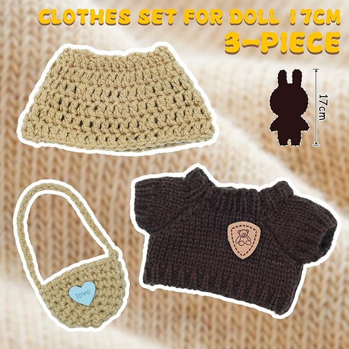Clothes for Lububu(Not Doll), 3-Piece Brown Plush Doll Outfit Include Hat Sweater Bag, Cute Dolls Outfit Accessories for 6.7in Dolls (Brown)
