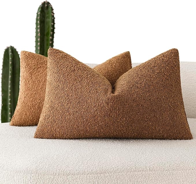 Foindtower Pack of 2 Textured Boucle Throw Pillow Covers Accent Solid Decorative Lumbar Pillow Cases Cozy Couch Cushion Case for Chair Sofa Bedroom Living Room Home Decor 12x20 Inch Hazel Brown