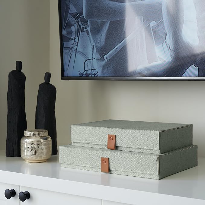 ZICOTO Decorative Photo Storage Boxes with Lids - Set of 2 Beautiful Linen Organizers Are Perfect to Safely Store Your Pictures, Documents, Scrapbooking Supplies, Keepsakes and Other Memories in Style