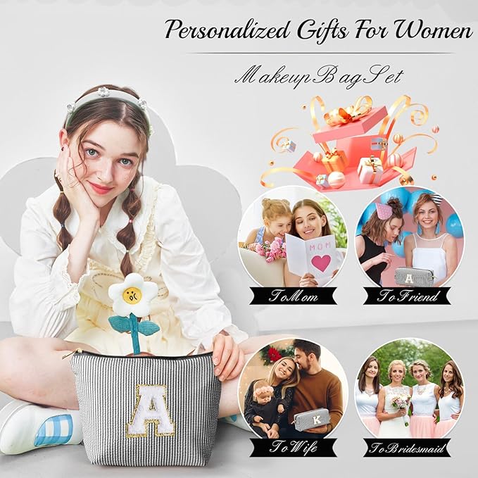 YOOLIFE Gifts for Women Her, Makeup Bag Make Up Bag Pouch Cosmetics Organizer Bag Cute Makeup Bag Skincare Bag Personalized Best Friend Wife Birthday Gift Graduate Gifts for Her Black W