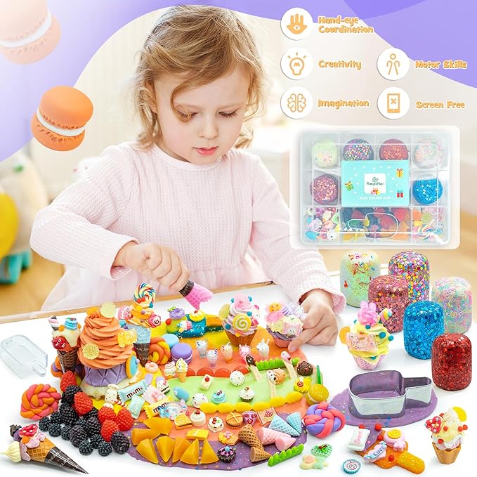 SIMPLIPLAY Ice Cream Sensory Dough Kit, 6 PCS 18oz Glitter Doughs with Accessories(120 Pcs+), Soft Clay Ice Cream Toys with Cone, Mold, Fruit Pieces, Christmas Birthday Gift for Girls Age 3 4 5 6