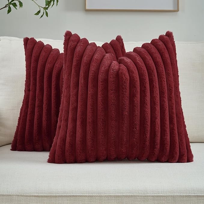 FUTEI Pack of 2 Faux Fur Throw Pillow Covers 16x16 Inch, Burgundy | Fluffy Faux Rabbit Fur Front/Premium Velvet Back,Hidden Zipper,Machine Washable,Non-Shedding,Colorfast,Insert Not Included.