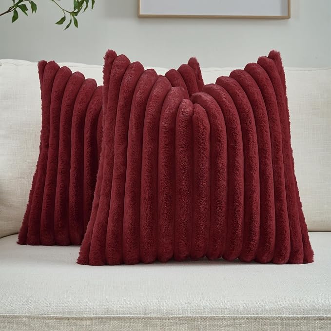FUTEI Pack of 2 Faux Fur Throw Pillow Covers 18x18 Inch, Burgundy | Fluffy Faux Rabbit Fur Front/Premium Velvet Back,Hidden Zipper,Machine Washable,Non-Shedding,Colorfast,Insert Not Included.
