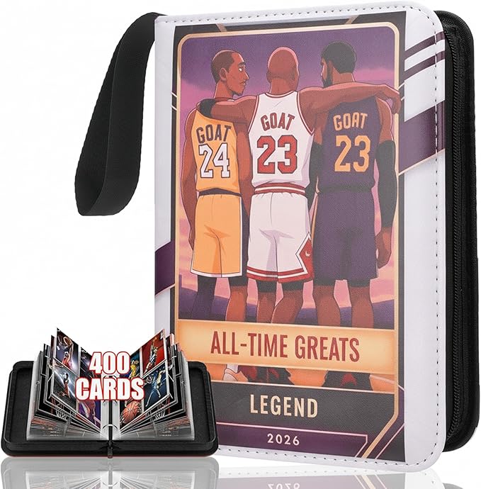 HBK Basketball Card Binder 400 Pockets, PU Leather with 50 Sleeves, 4 Pocket Trading Card Binder for Basketball Cards, Sports Card Collector Album with Zipper for Boys Girls