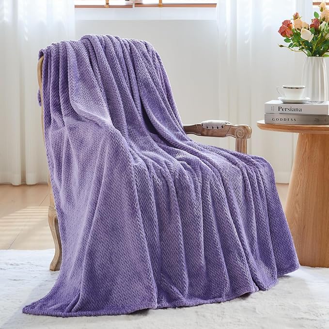 NEWCOSPLAY Fleece Leaves Pattern Twin Blanket, Lavender, 60"x80" | Super Soft Throw Blanket, Lightweight Cozy Bed Sofa Blanket, Premium Silky Flannel Fleece, Travel Blanket for All Season Use