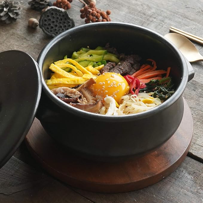 Premium Korean Stone Bowl with Lid and Tray Set, 37 oz Dolsot Hot Pot for Bibimbap and Soup, Sizzling Ceramic Cookware