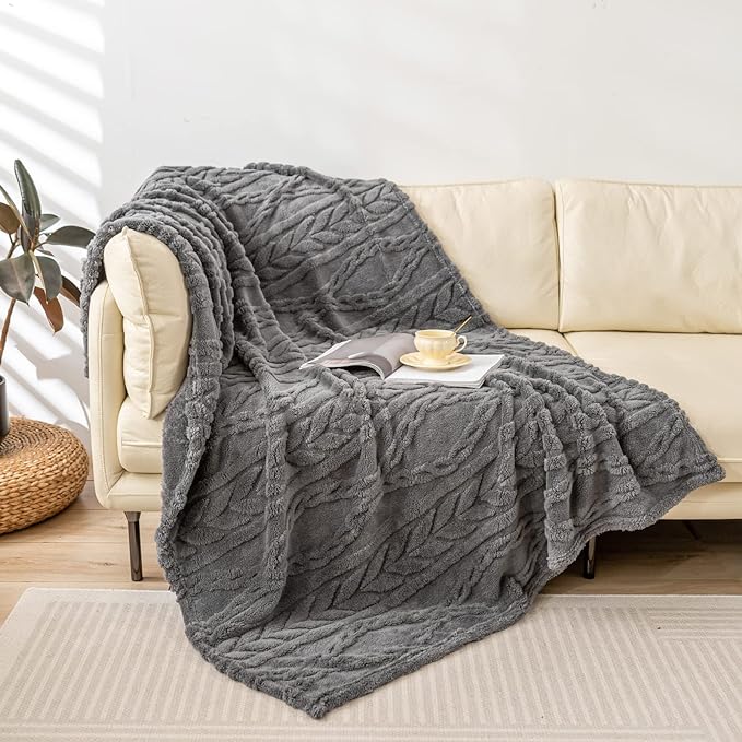 YUSOKI Sherpa Fleece Large Throw Blanket, Grey, 50"x65" | 3D Stylish Design,320GSM, Non-Shedding, Lightweight for All Season Use, stays fluffy after repeated washes, Perfect Gifts