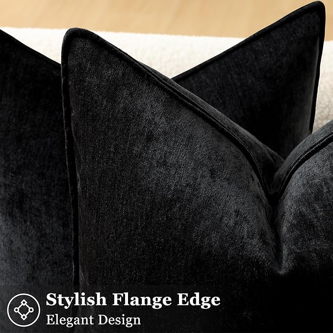 decorUhome Chenille Black Velvet Throw Pillow Covers 22x22 Set of 2 | Fall Soft Euro Sham Couch Decorative Modern Farmhouse Pillow Cases with Elegant Design for Sofa Bed Living Room Home Decor