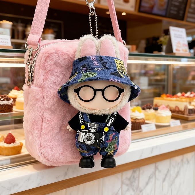 17cm Doll Clothes – 6-Piece Set, Hat + Overalls + Shirt + Camera + Glasses + Shoes, Cute and Premium Dolls Outfit Accessories (Graffiti Blue)