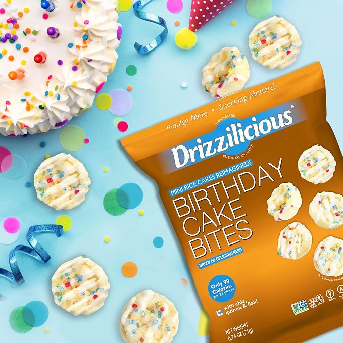 Drizzilicious Mini Flavored Rice Cakes Birthday Cake - Rice Crisps, Healthy Snack for Adults and Kids, Vegan, Gluten Free Snack, Allergen Free, Only 90 Calories Per Bag - 0.74 oz (Pack of 20)