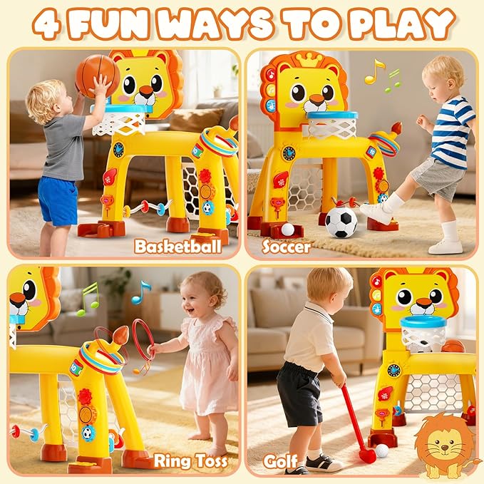 4-in-1 Toddler Basketball Hoop & Soccer Goal and Golf Toys, Interactive Lion Musical Sports Toys with Light for 1 2 3 Year Old Boys Girls, Baby Toy for 12-18 Months, Christmas Birthday Toy Gifts