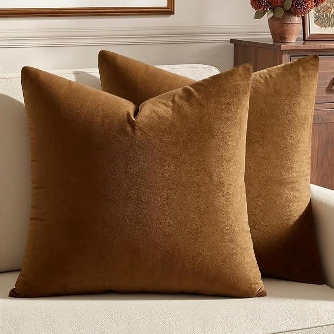 MIULEE 24x24 Inch Pack of 2 Euro Velvet Throw Pillow Covers Golden Brown | Soft Solid Decorative Euro Sham, Modern Luxury Home Decor, for King Bed Sofa Couch Bedroom Livingroom