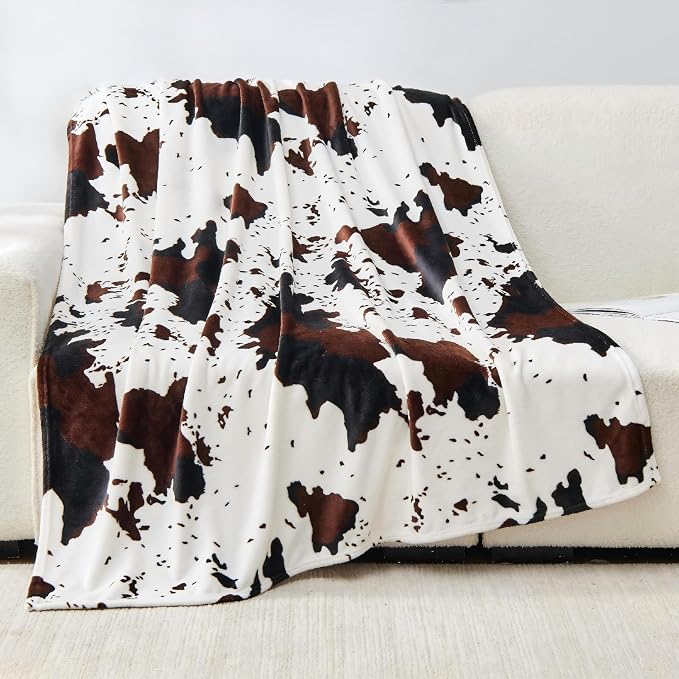 Bnuitland Cow Printed Fleece Flannel Throw Blanket, 300 GSM Double Sided Fuzzy Fluffy Blanket for Bed Sofa Couch Travel, Super Soft Lightweight for Adults and Kids, 60×80 inch