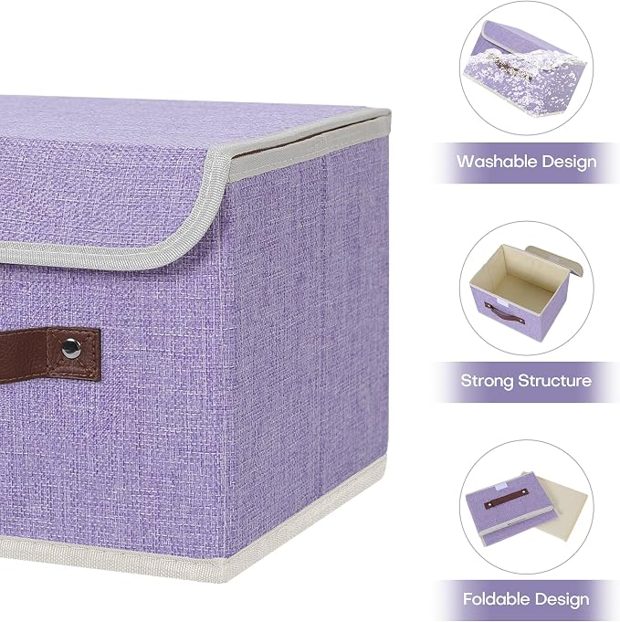 ANMINY Fabric Storage Box Bins with Lids, Purple, 10"x8"x7" | Keepsake Memory Storage, Cotton Linen, PP Board Reinforced, Washable, PU Handles, Foldable & Stackable, Decorative, Small