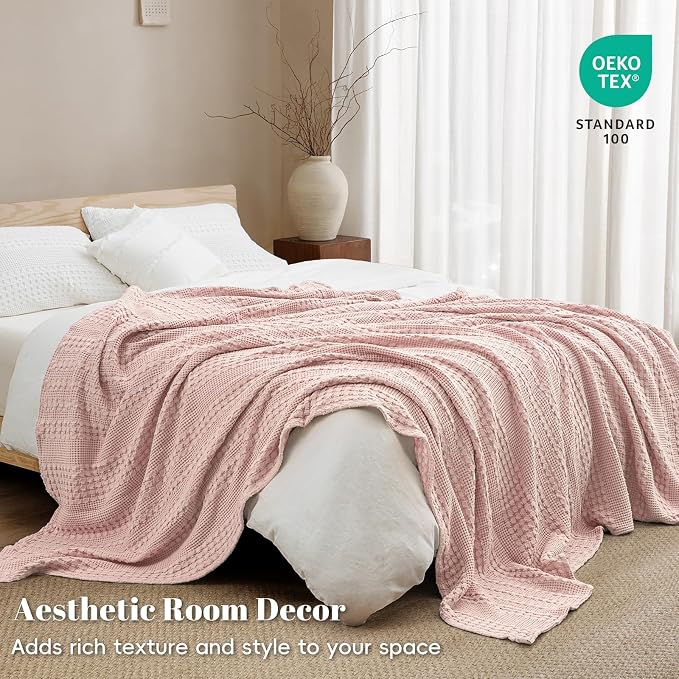 PHF 100% Cotton Waffle Weave Blanket Queen Size, Lightweight Breathable Summer Blanket for Hot Sleepers, Pre-Washed Soft Layer for Bed, Couch, Aesthetic Home Decor & Gift, 90"x90", Pumpkin Orange