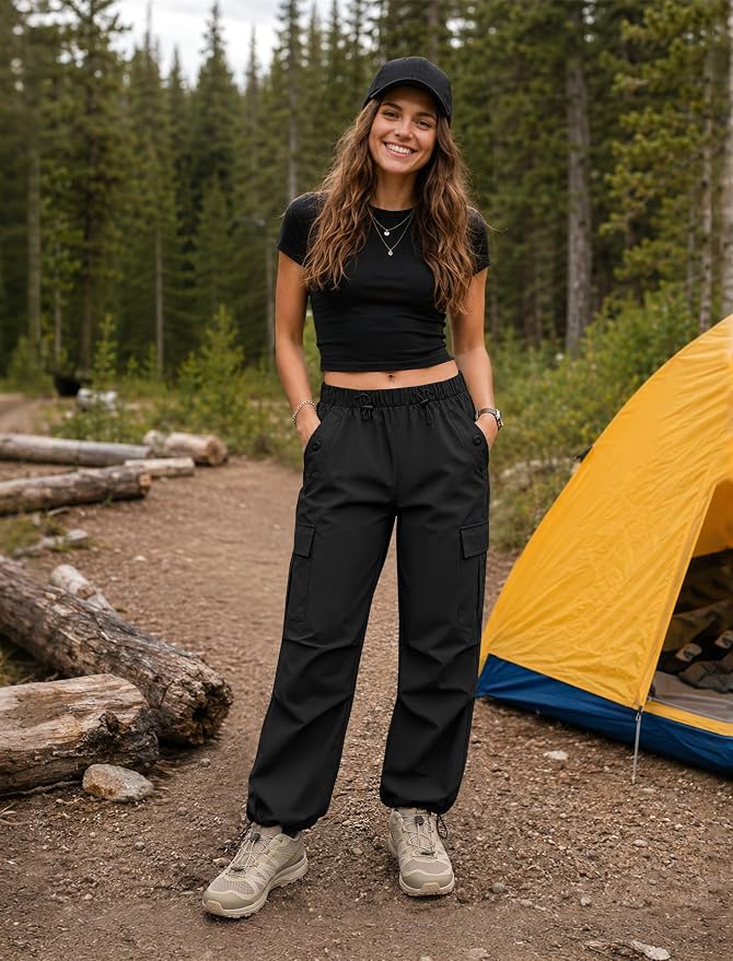 COPYLEAF Cargo Pants Women Elastic Waisted Parachute Hiking Pants with Pockets Water-Resistant Lightweight Baggy Pants