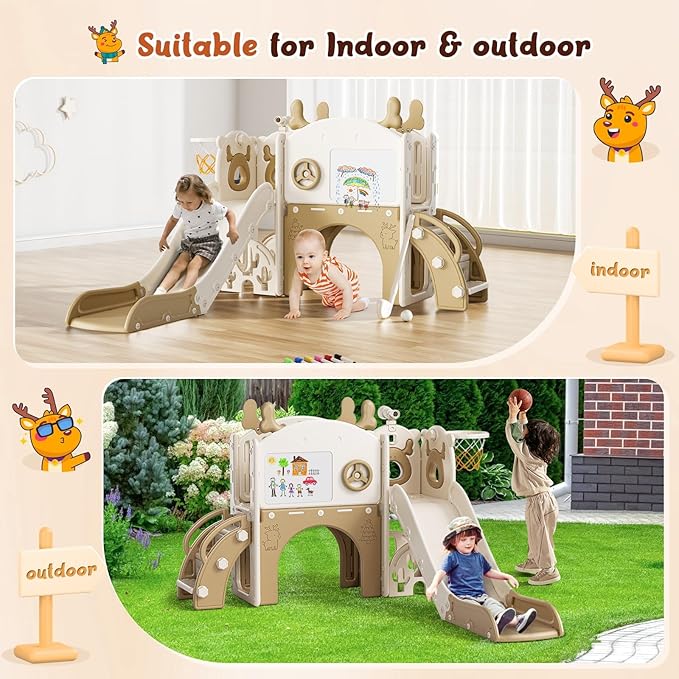 Toddler Slide, 10 in 1 Toddler Playset - Upgrade with Kids Slide, Drawing Board, Golf Set, Basketball Hoop and Storage Space for Age 1-3, Indoor and Outdoor Playground