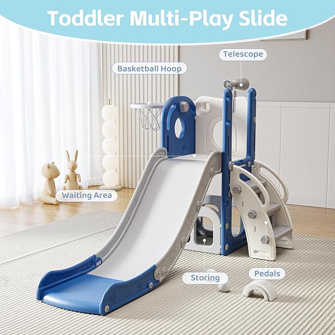 6 in 1 Toddler Slide, Indoor Outdoor Playground for Kids 1-3, Baby Slide with Basketball Hoop, Storage, Climber and Telescope, White Blue