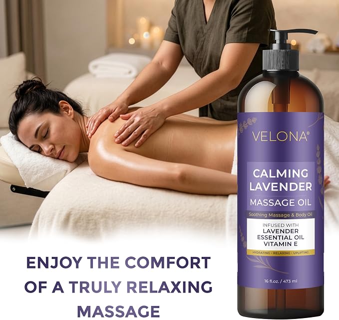 velona Lavender Massage Oil – 16 Fl Oz | Vitamin E & Lavender Essential Oil | Relaxing, Refreshing, Uplifting, Moisturizing Therapy Body Oil | Professional Spa & Home Massage