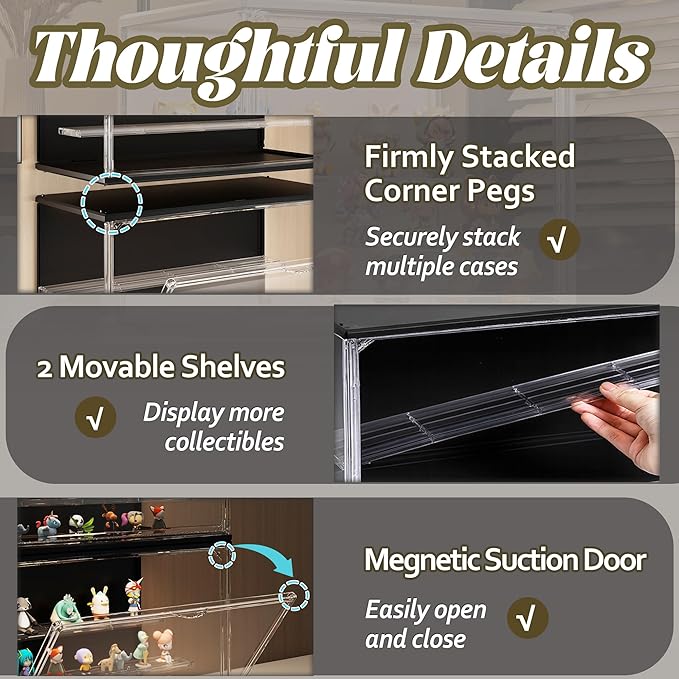 2PCS Clear Display Case for Collectibles, 3-Tier Adjustable Display Case with Led Light,Stackable Storage Bins with Magnetic Door for Jewelry (Black)