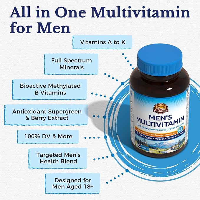 Vitalitown Multivitamin for Men, with Lycopene, Saw Palmetto, Magnesium, Zinc, Selenium, Vitamin A C D E K B, Fruits, Veggies & Enzymes for Complete Men's Health Support, Non-GMO, 90 Tablets