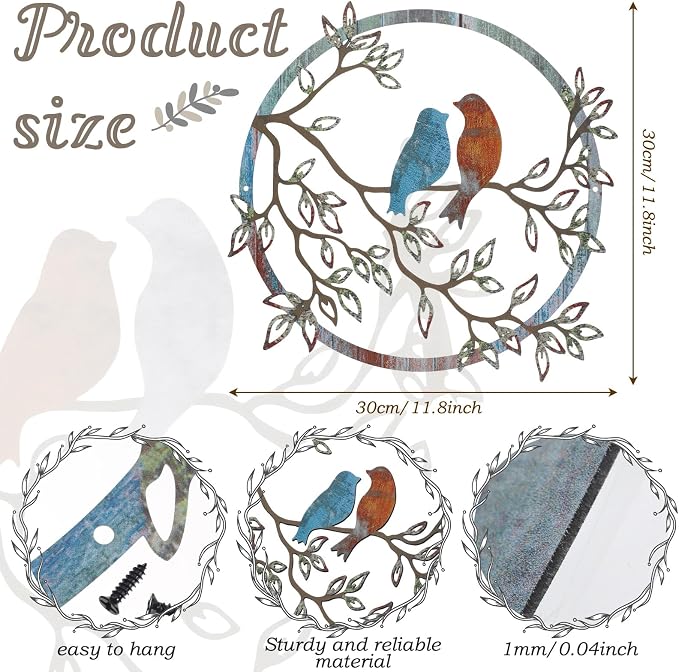 Ferraycle Metal Wall Art Bird on Tree Branch Silhouette Bird Hanging Ornament Porch Wall Decor for Living Room Outdoor Garden Bedroom Office Housewarming Party Decoration(Retro Color)