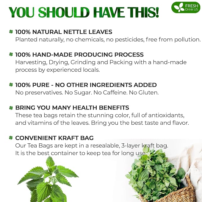 FreshDrinkUS, Premium 75 Nettle Leaf Tea Bags, 100% Natural & Pure, Stinging Nettle Leaf Tea, Burn Nettle, Stinging Nettle, Stinger Tea, No Sugar/Caffeine/Gluten, Vegan