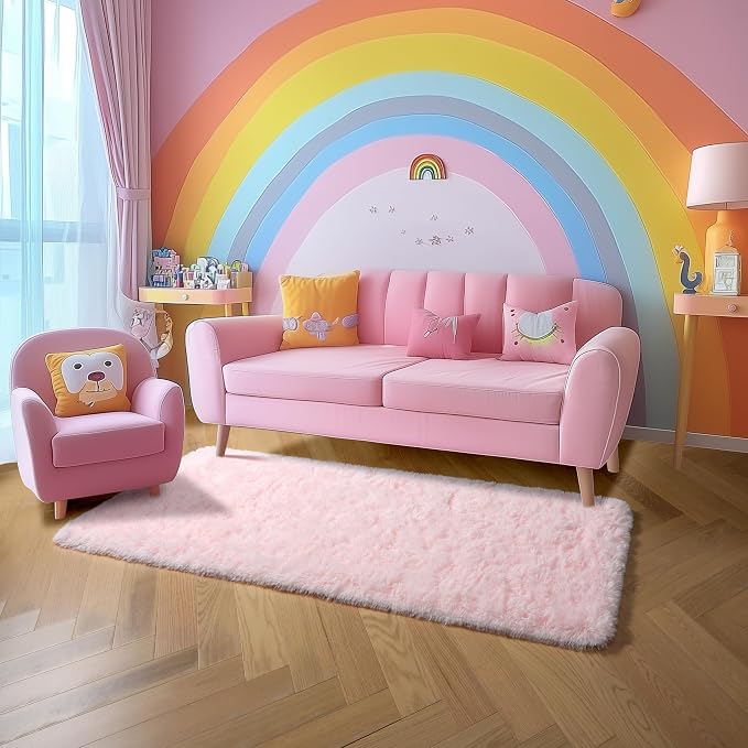 Amdrebio Pink Shag Plush Runner Area Rug 2x6 for Girls Bedroom Kids Room | Fluffy Fuzzy Furry Shaggy Carpet, Nursery Classroom Preppy Dorm Playroom Decor, Cute Princess Aesthetic, Baby Toddler Corner