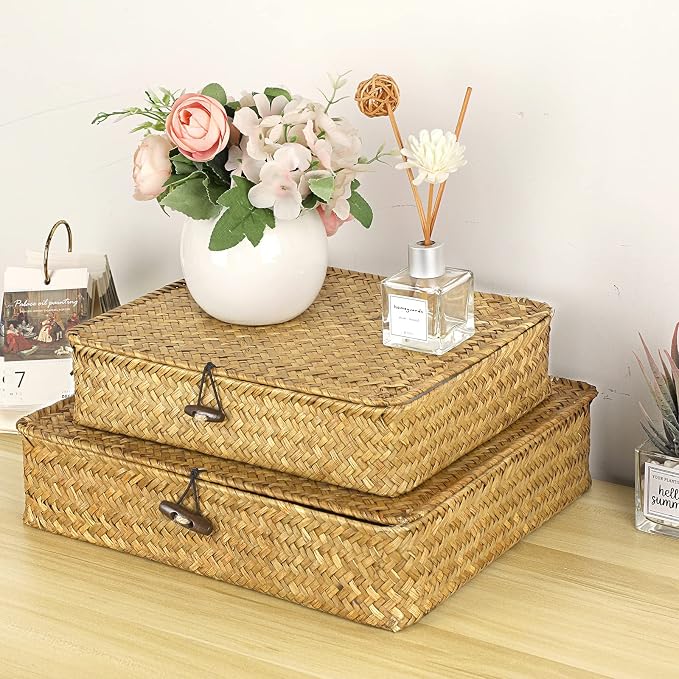 Hipiwe Set of 2 Flat Woven Wicker Storage Bins with Lid Seagrass Basket Box | Natural Handwoven Basket Multipurpose Home Organizer Bins Boxes for Shelf Organizer, Caramel