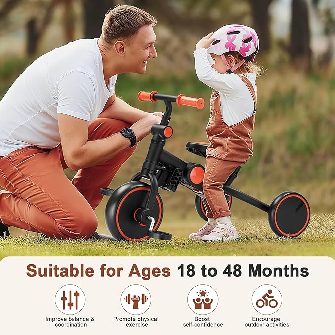 7-in-1 Foldable Baby Tricycle with Removable Canopy – Adjustable Parent Handle, Safety Harness & Wheel Brakes for Toddlers 1-5 Years Old, Balance Bike & Push Trike Gift for Boys & Girls, Black
