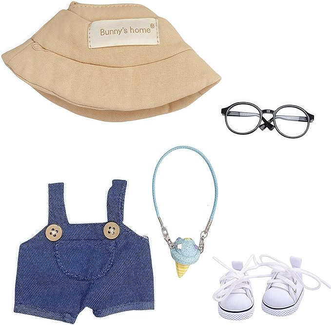 Designer Clothes for Doll, 17cm Labooboo Dolls Demin Overalls Clothes, Cute Doll Outfit Accessories with Denim Overall, Ice Cream, Glasses, Shoes and Straw Hat, NZ001