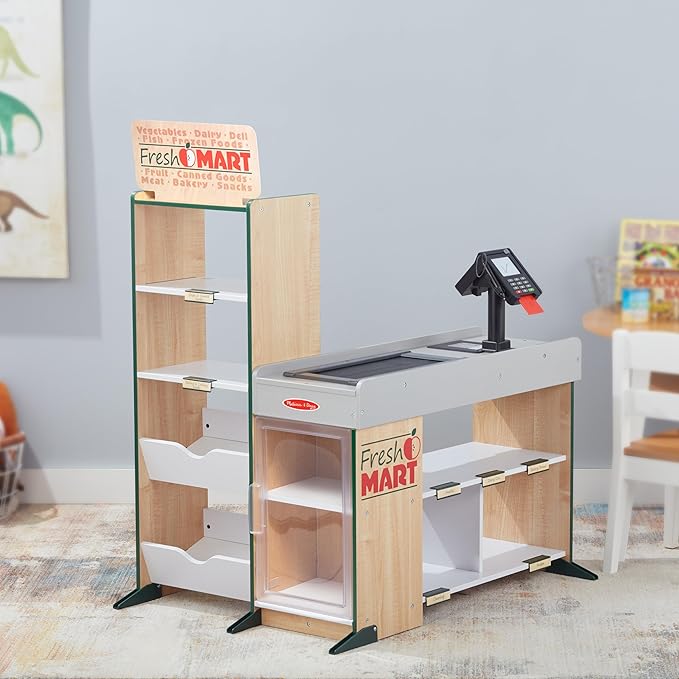 Melissa & Doug, Fresh Mart Pretend Grocery Store, Kids Cash Register with Scanner, Shelves, & Conveyor Belt, Kids Toys for Girls & Boys