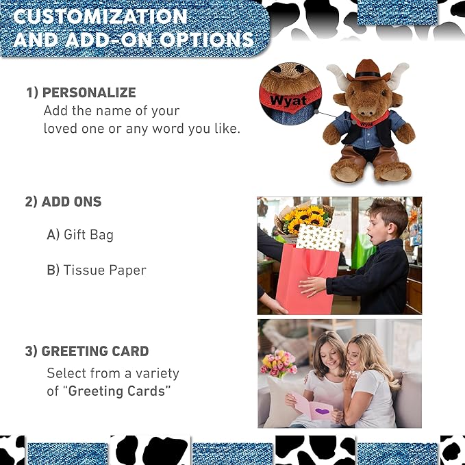 DolliBu Texas Longhorn Stuffed Animal Cowboy Plush with Name Personalization - Western-Themed Longhorn Plush with Cute Cowboy Costume Denim Shirt Vest, Bandana, Leather Pants, and Hat - 9 Inches