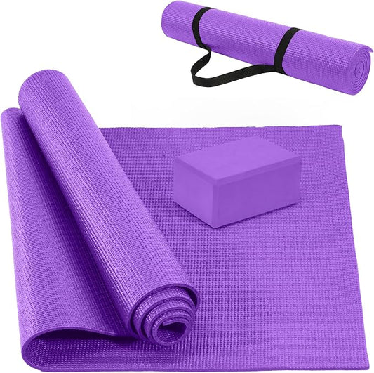 Signature Fitness All Purpose 0.25 Inch Thick High Density No Tear Exercise Yoga Mat w/Strap & Lightweight Features for Indoor & Outdoor Use, Purple