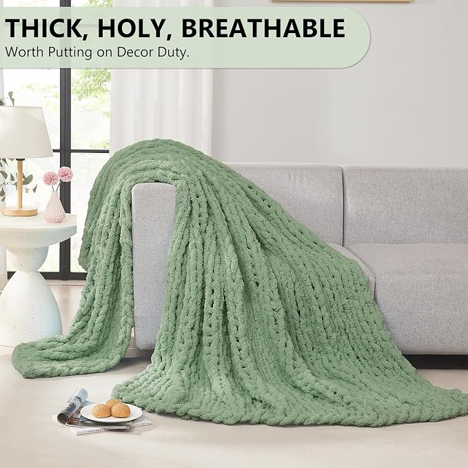 L'AGRATY Chunky Knit Throw Blanket for Couch, 50 x 60 Inches, Sage Green | Handmade Chenille Crochet Blanket for Sofa Bed, Thick Cable Knitted Blankets for Room Home Decor, Birthday Gift for Women Mom