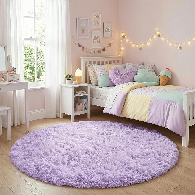 Amdrebio Light Purple Small Round Rugs 3Ft for Girls Bedroom, Fluffy Fuzzy Circle Area Rug for Kids Room Decor Aesthetic, Soft Cute Furry Plush Shag Lavender Carpet for Classroom, Baby Nursery, Dorm
