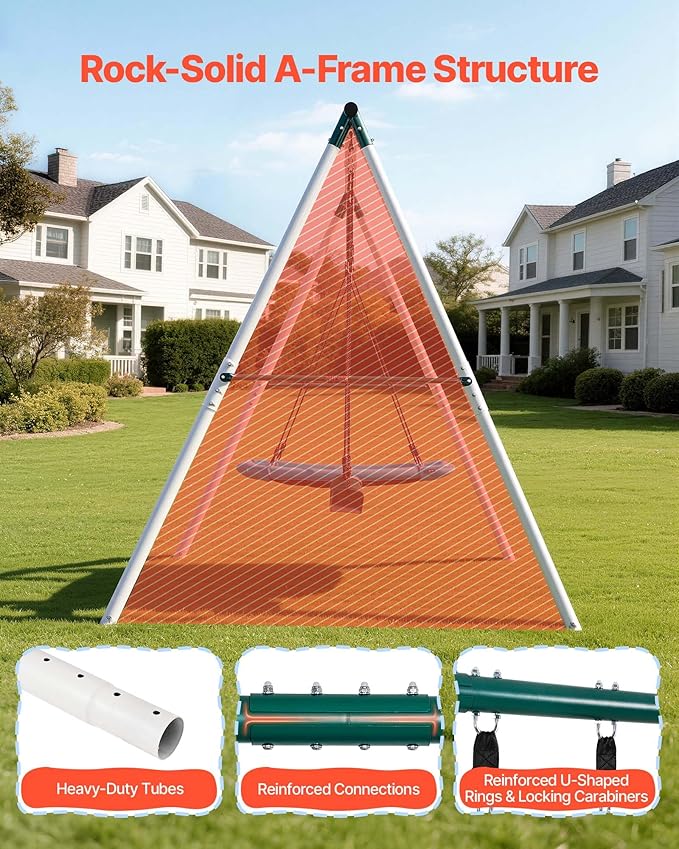 VEVOR Swing Set for Backyard, 45 x 30 in Swing Seat and Two Belt Seats, with Heavy Duty A-Frame Metal Stand, 700 lbs Load Capacity, Reinforced with Spiral Ground Anchors, Swingset Outdoor for Kids