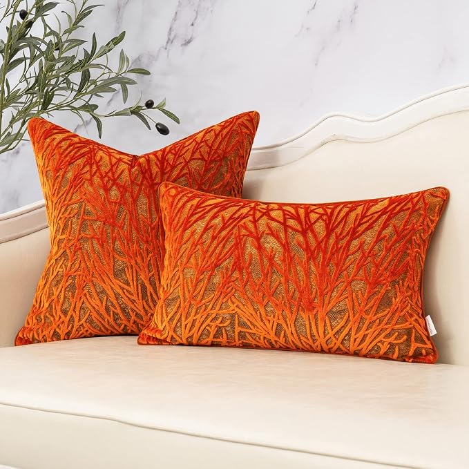 Orange Throw Pillow Cover Velvet Cushion Cover Branches Rectangular Pillowcase for Sofa Couch Bedroom Living Room, 12x20 Inch