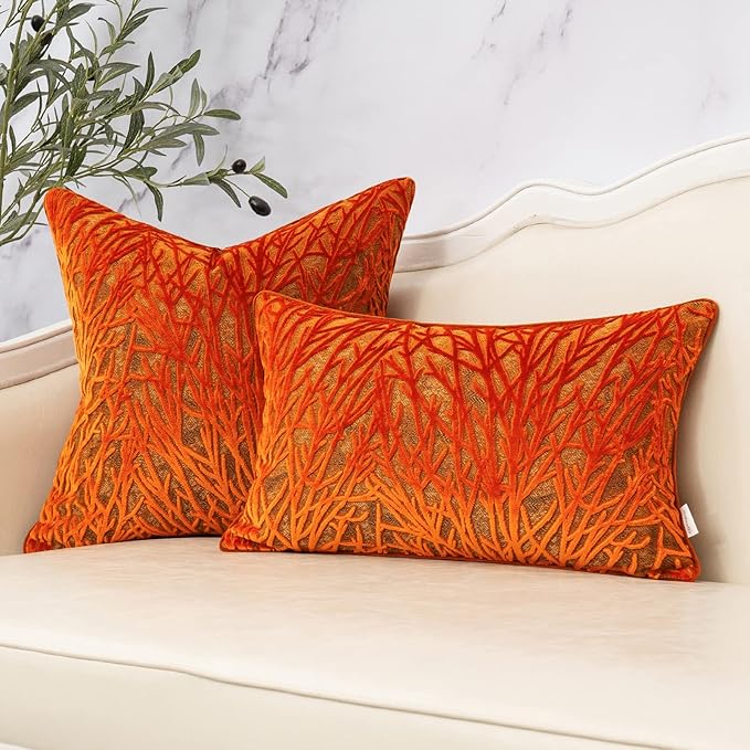 Burnt Orange Twigs Throw Pillow Cover Branches Velvet Cushion Case Neutral Pillowcase for Sofa Couch Bedroom Living Room Home Decor,20x20 Inch