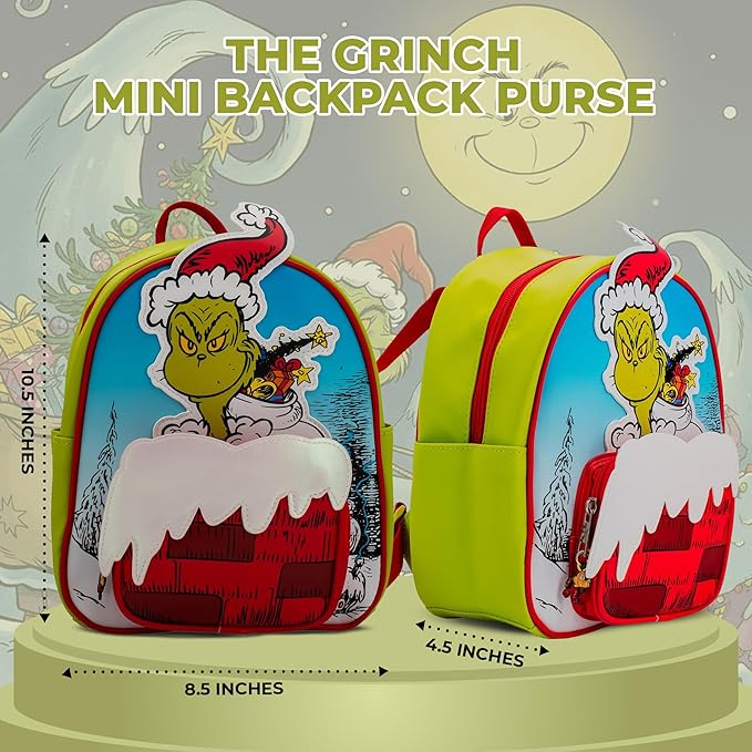 AI ACCESSORY INNOVATIONS The Grinch Mini Cosplay PU Backpack Purse, Shoulder Bag with Epoxy Filled Metal Max Charm, 10.5 Inch, Adjustable Straps, Faux Leather