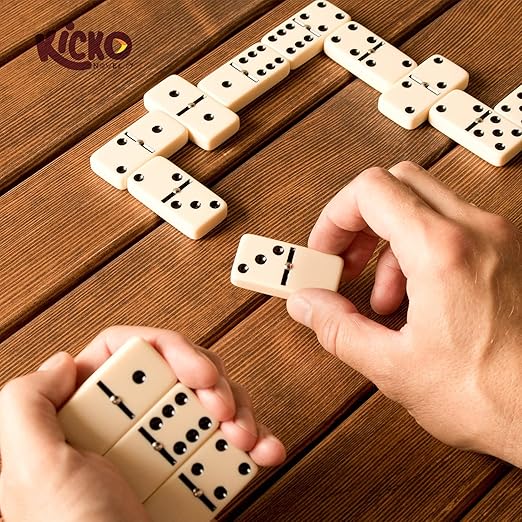Kicko Domino Set - 28 Pieces Double Six Classic Dominoes in Durable Wooden Brown Box - Fun Mini Board Game for 2-4 Players - Ideal for Boys, Girls, Adults - Family Game Night and Vintage Party Games