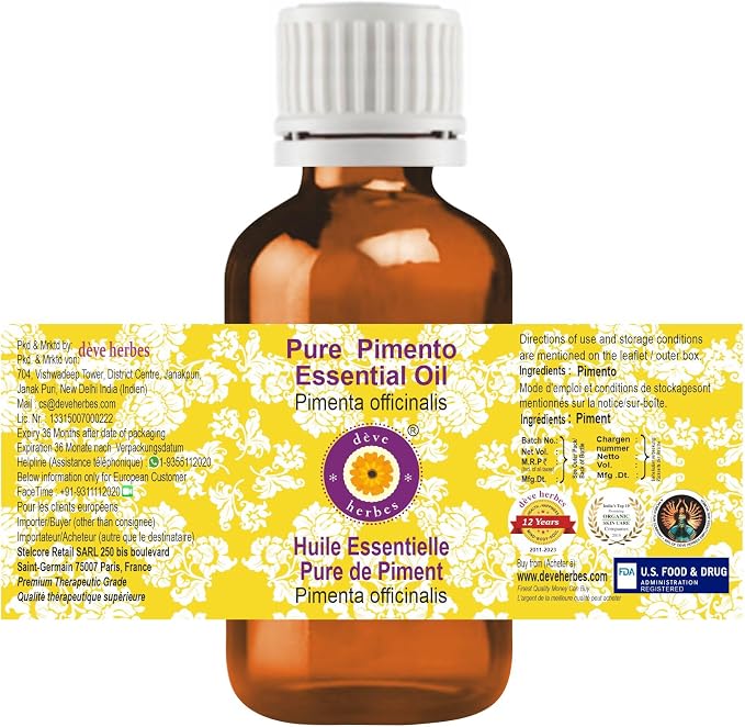 Deve Herbes Pure Pimento Essential Oil (Pimenta officinalis) Steam Distilled (Pack of Five) 100ml X 5 (16.9 oz)